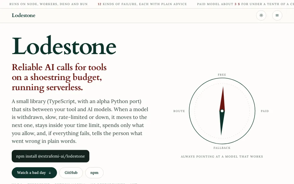 The Lodestone website: Reliable AI calls for tools on a shoestring budget, running serverless
